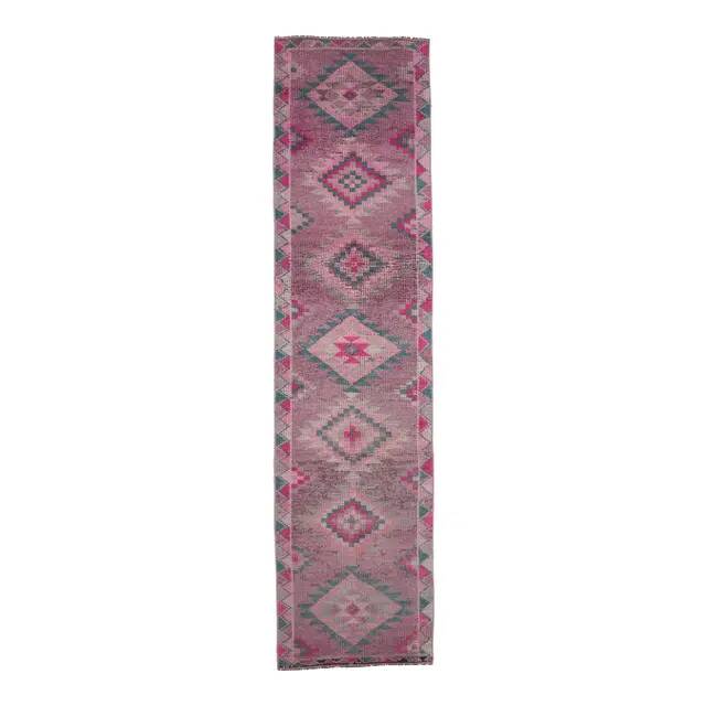 1970s Turkish handmade wool pink diamond runner 82x337