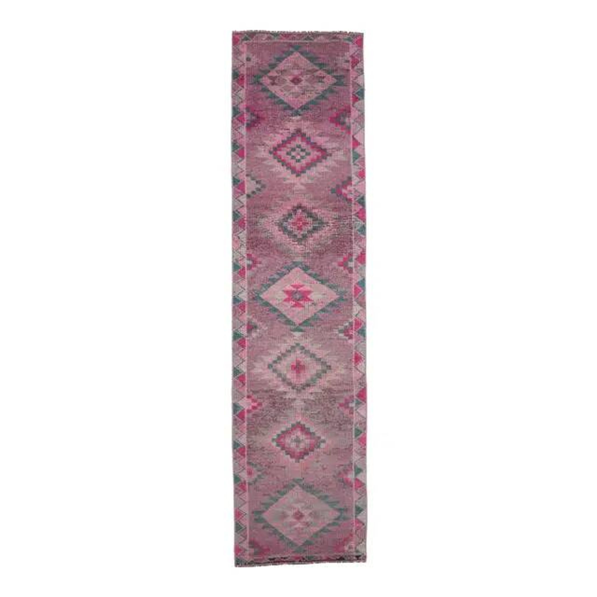 1970s Turkish handmade wool pink diamond runner 82x337
