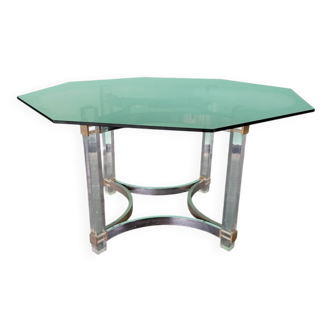 Octagonal Dining Table in Acrylic and Glass with Brass Details, 1970