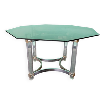 Octagonal Dining Table in Acrylic and Glass with Brass Details, 1970