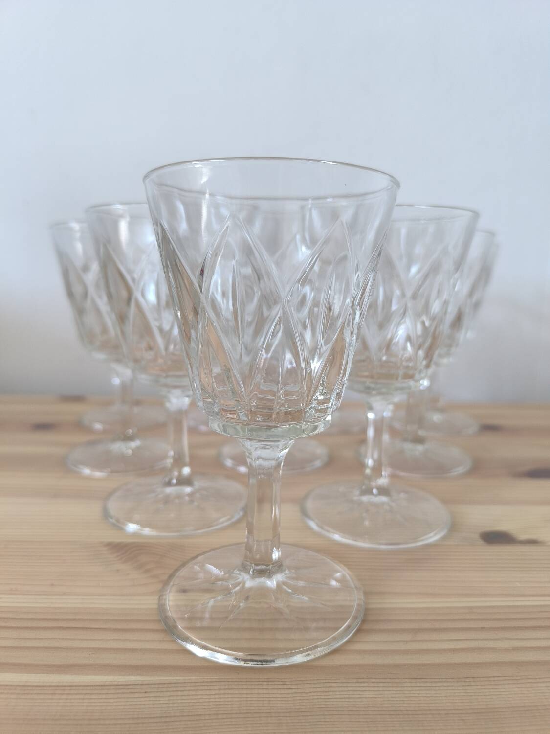 Set of 10 Chiseled Glass Wine Glasses from the 60s