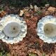 Pair of round stone fruit bowls on foot