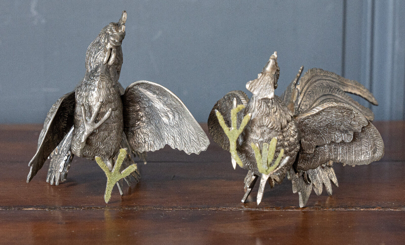 Two roosters in silver metal mid-twentieth century