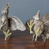 Two roosters in silver metal mid-twentieth century