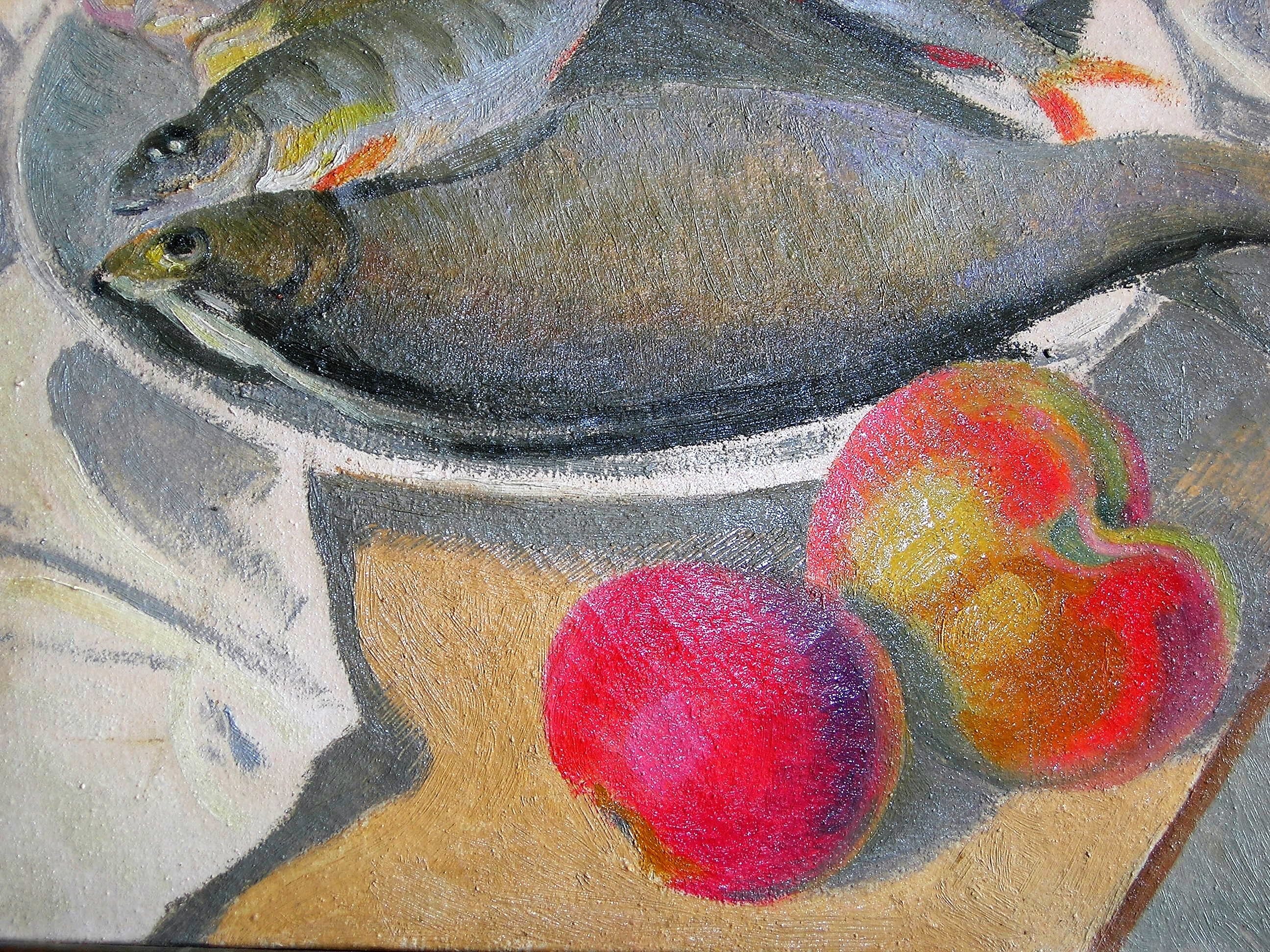 Still life with fish and fruit by Robert Vignoux (XXth)