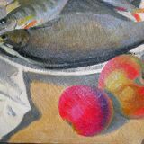 Still life with fish and fruit by Robert Vignoux (XXth)