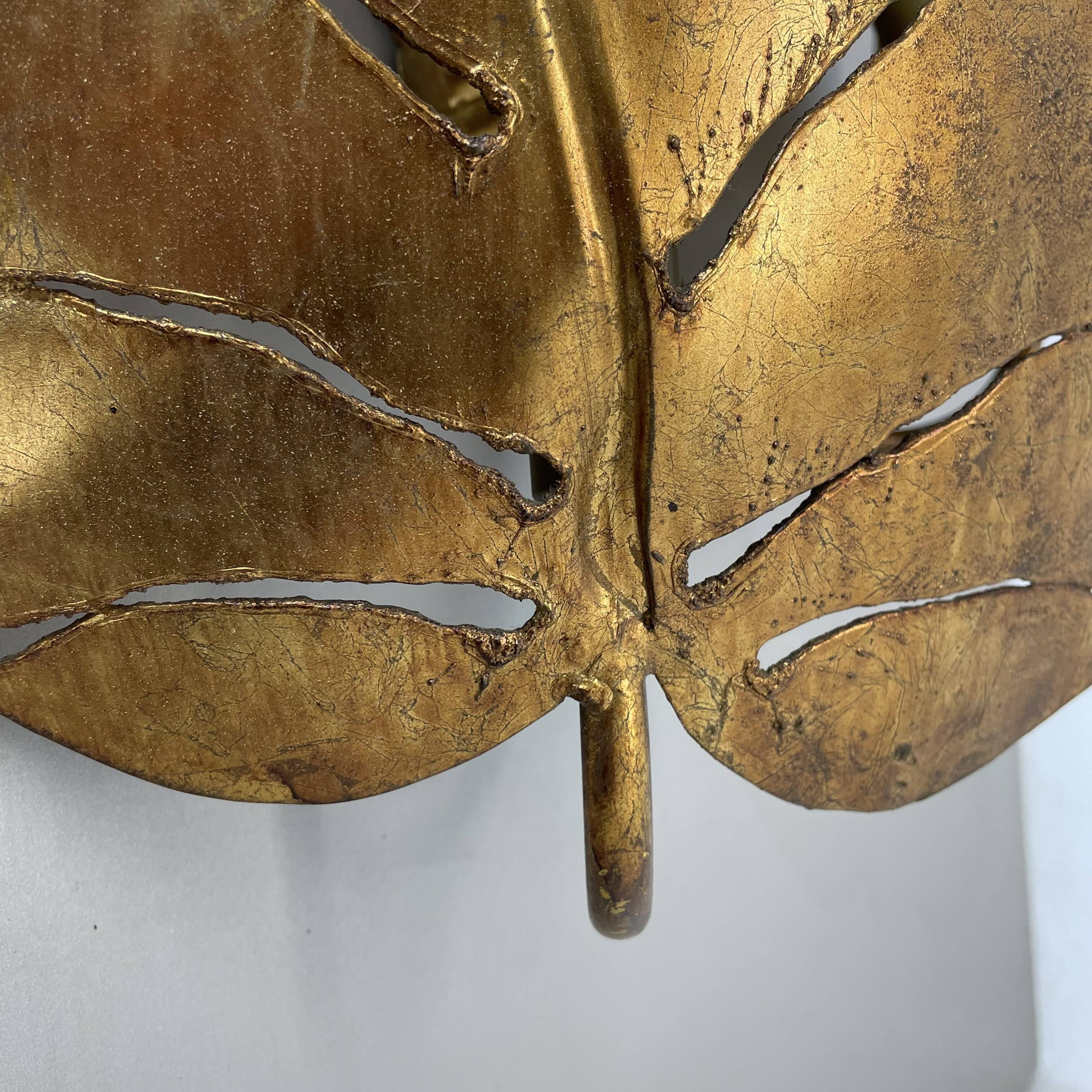 Golden metal "monstera" leaf wall light sconce, france, 1970s