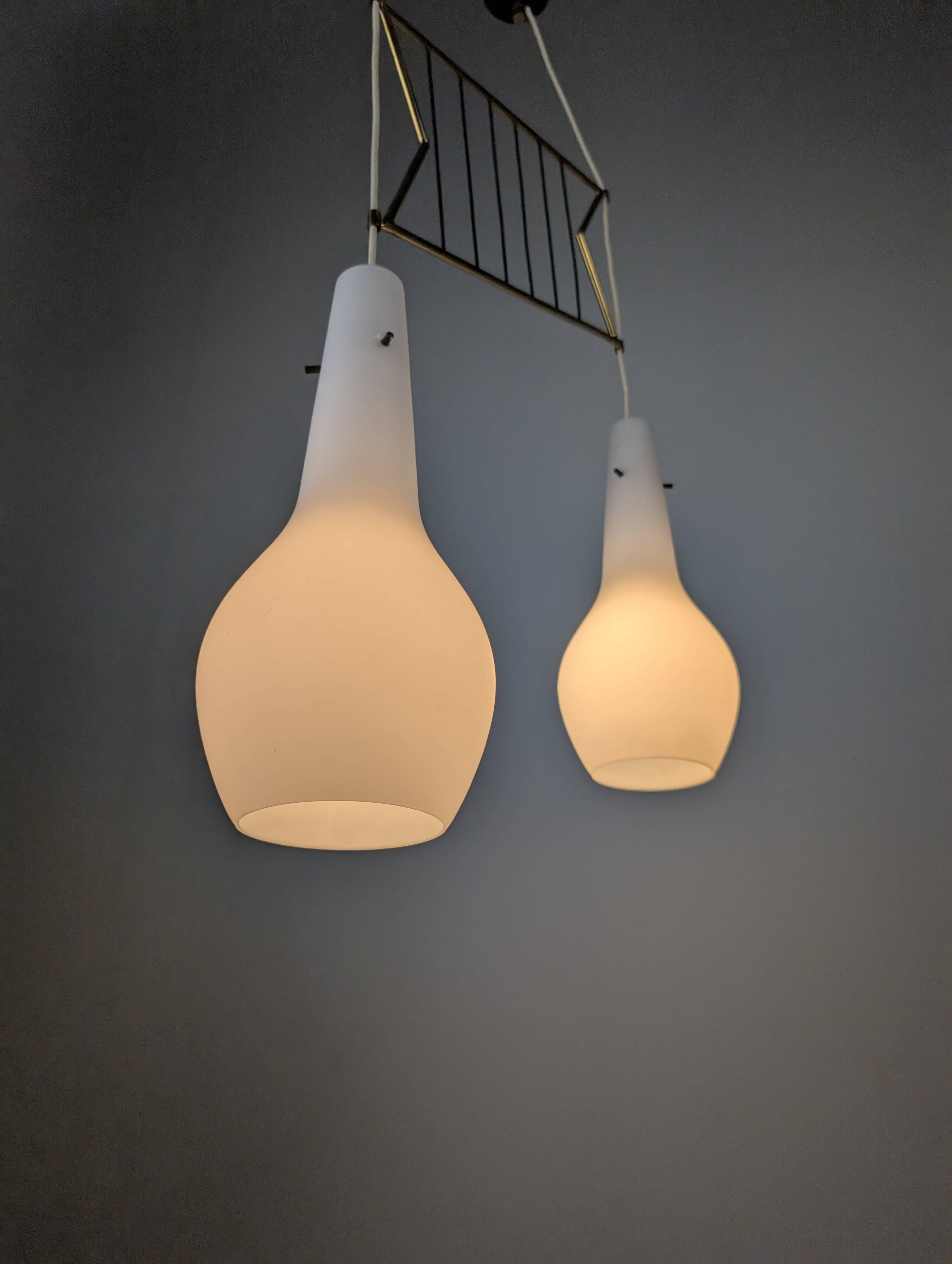 Italian Pendant Lamp with Opaline Shades & Brass, Stilnovo Style, 1950s