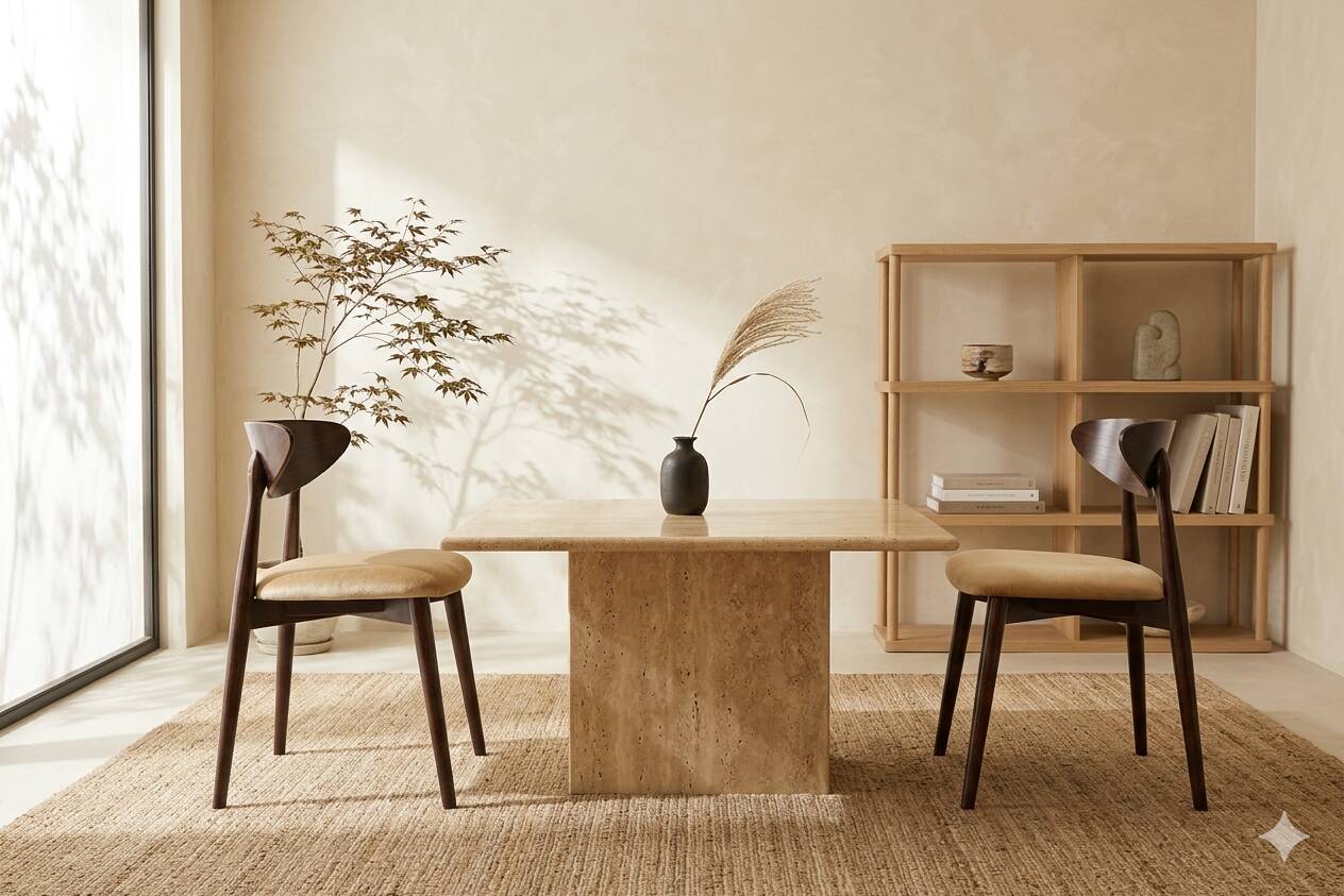 Une paire de chaises scandinaves en velours beige camel.