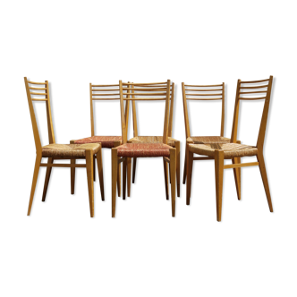 Six chaises paillée en bois