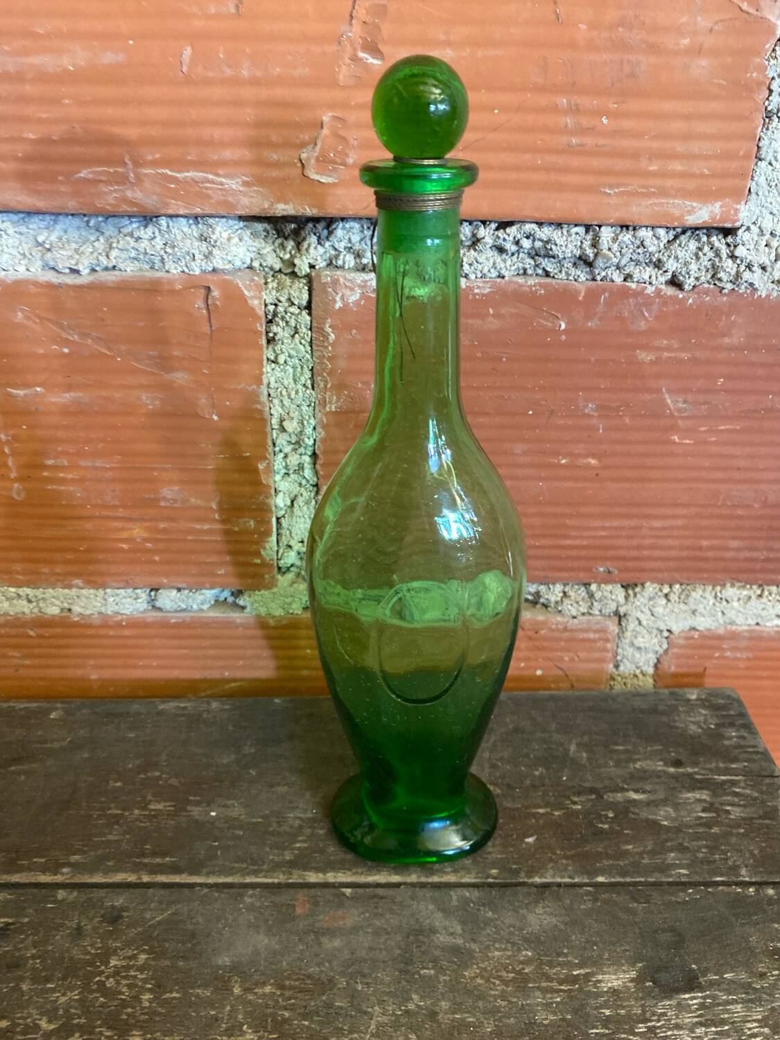 Old Green Bubble Glass Carafe Bottle with Vintage Stopper