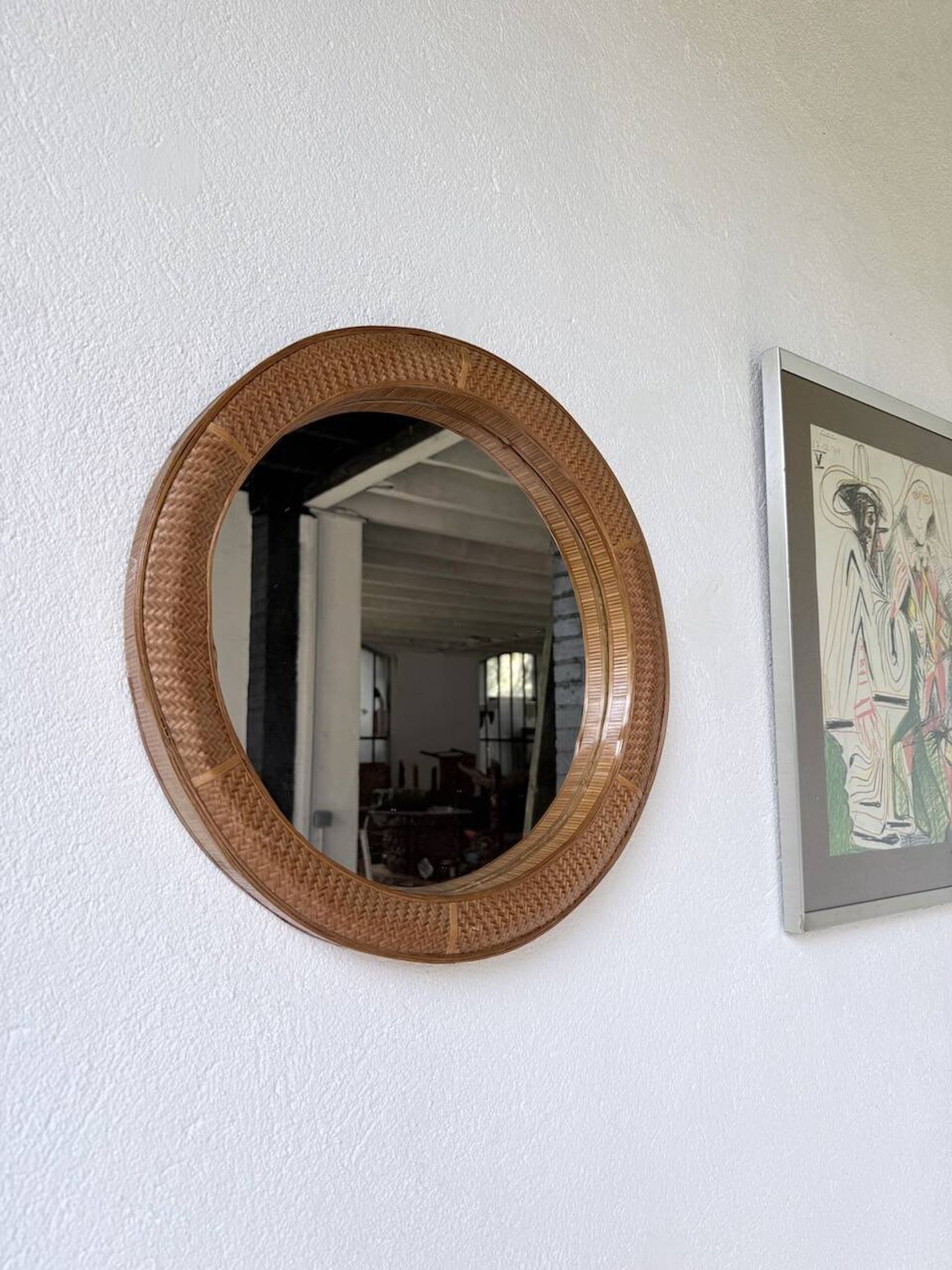 Woven wicker round mirror 1960