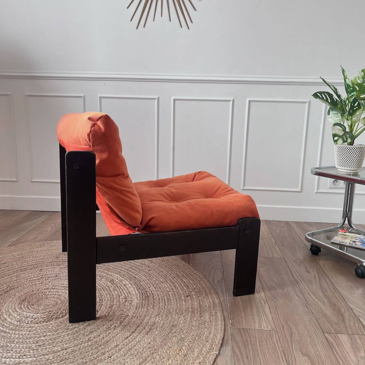 Fauteuil velours orange années 80