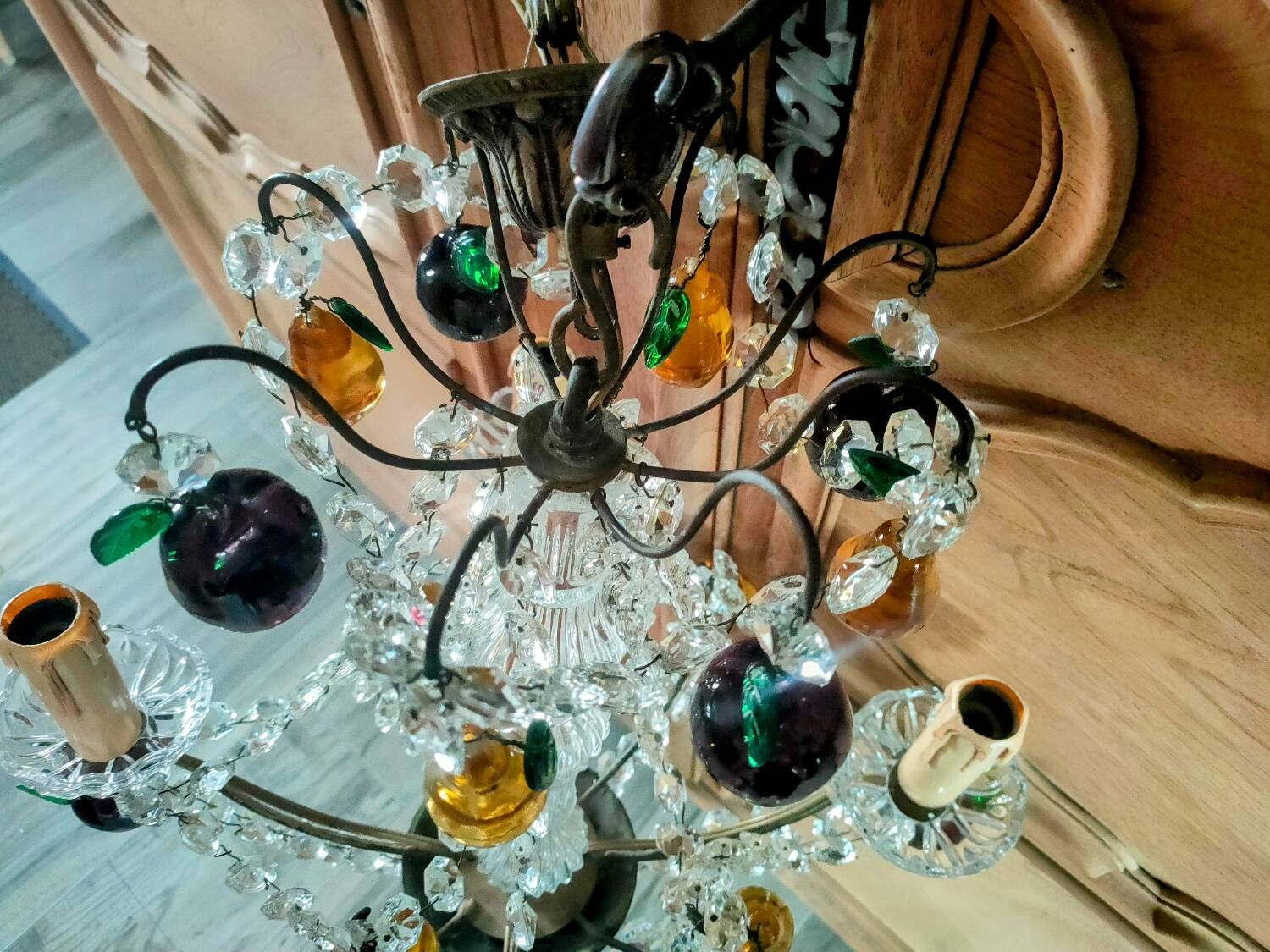 Golden bronze chandelier with fruit pendants