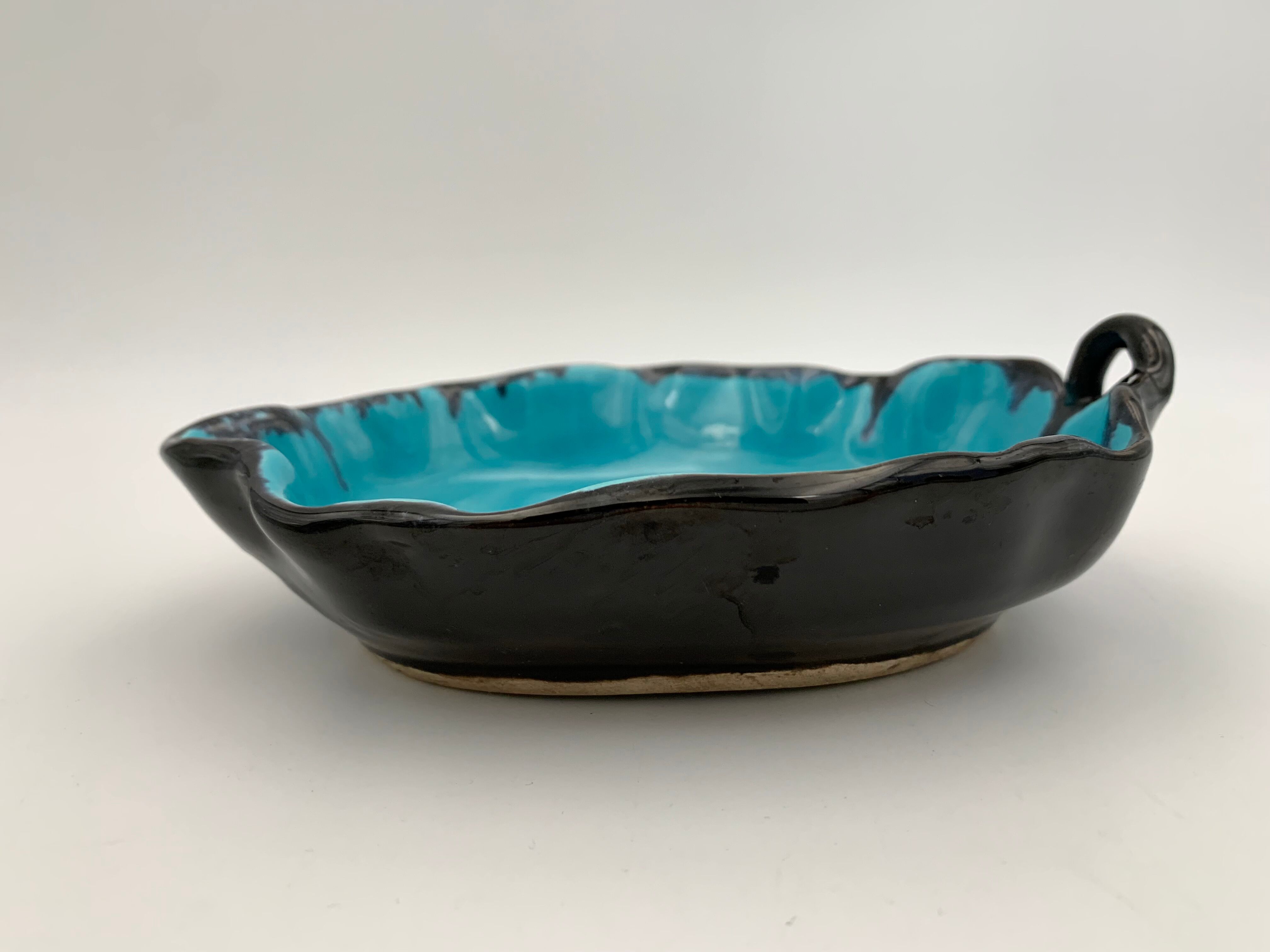 Vintage blue and black enameled ceramic trinket dish - 1960s-1970s