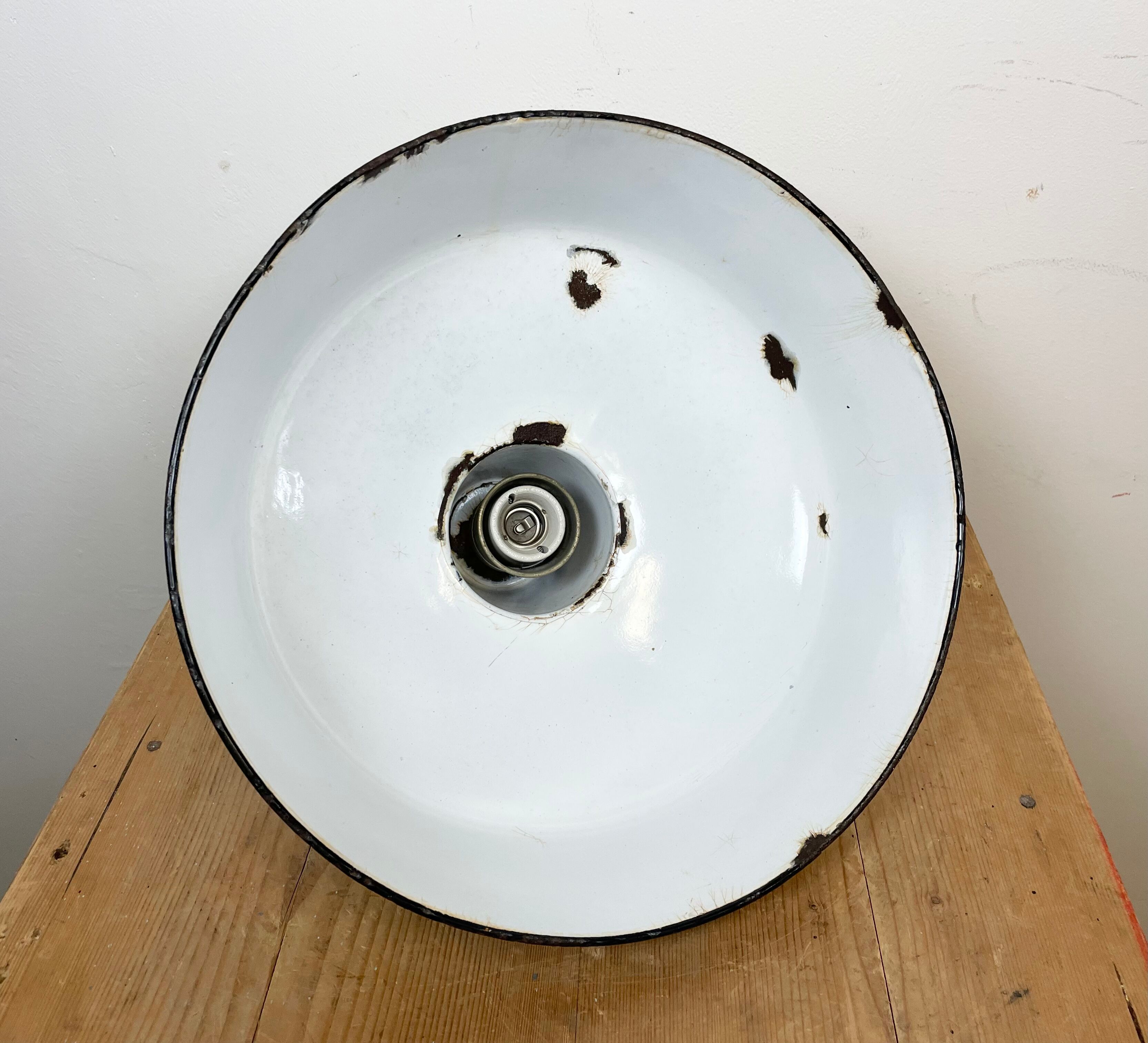 Industrial light grey enamel factory lamp with cast iron top, 1950s