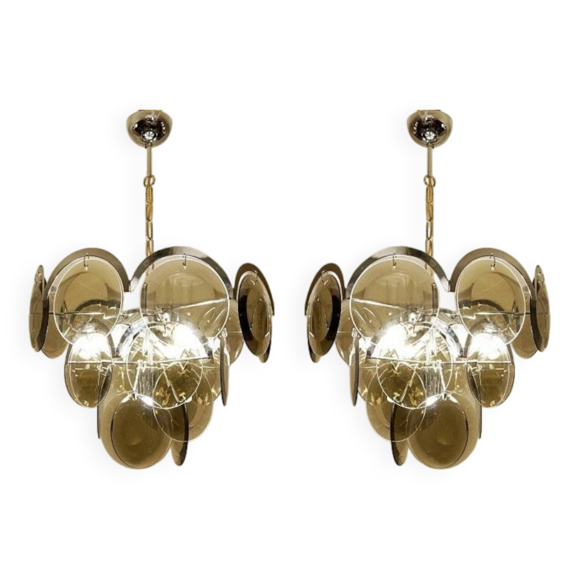 Pair of Vistosi Smoked Glass Disc Chrome Chandeliers, Italy, 1970s