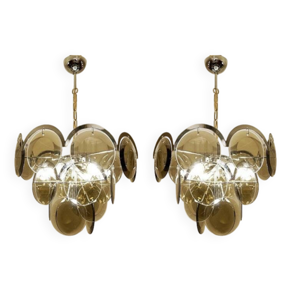 Paire de lustres chromés à disque en verre fumé Vistosi, Italie, années 1970 — Beyit