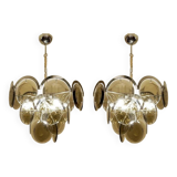 Paire de lustres chromés à disque en verre fumé Vistosi, Italie, années 1970