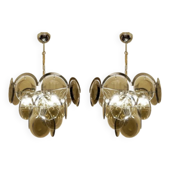 Pair of Vistosi Smoked Glass Disc Chrome Chandeliers, Italy, 1970s