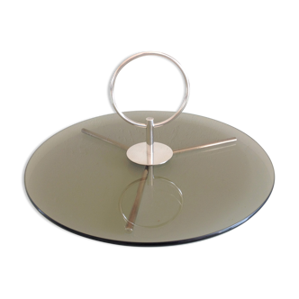 Silver metal cheese platter and smoked glass by Christofle