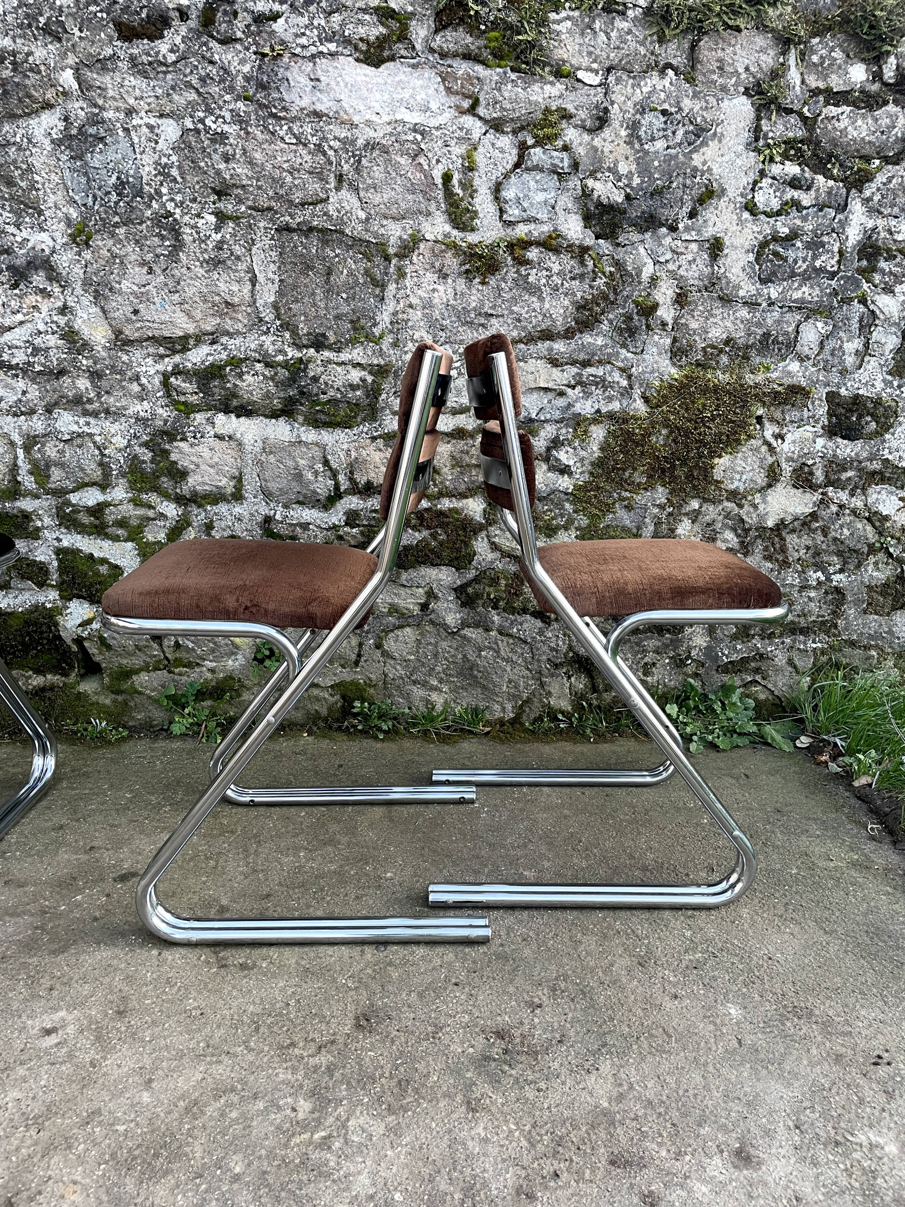 Set of 4 brown velvet zigzag chairs 1970