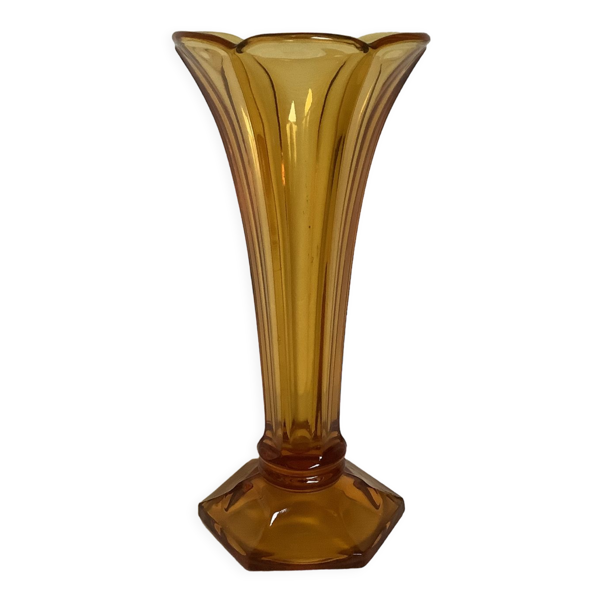Old flower-shaped vase, moulded yellow glass, Art Deco.