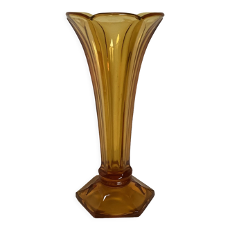 Old vase shaped flower molded glass yellow art deco