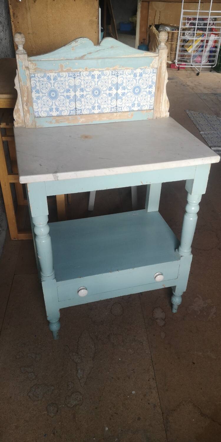 Shelf, sky blue patinated toilet console