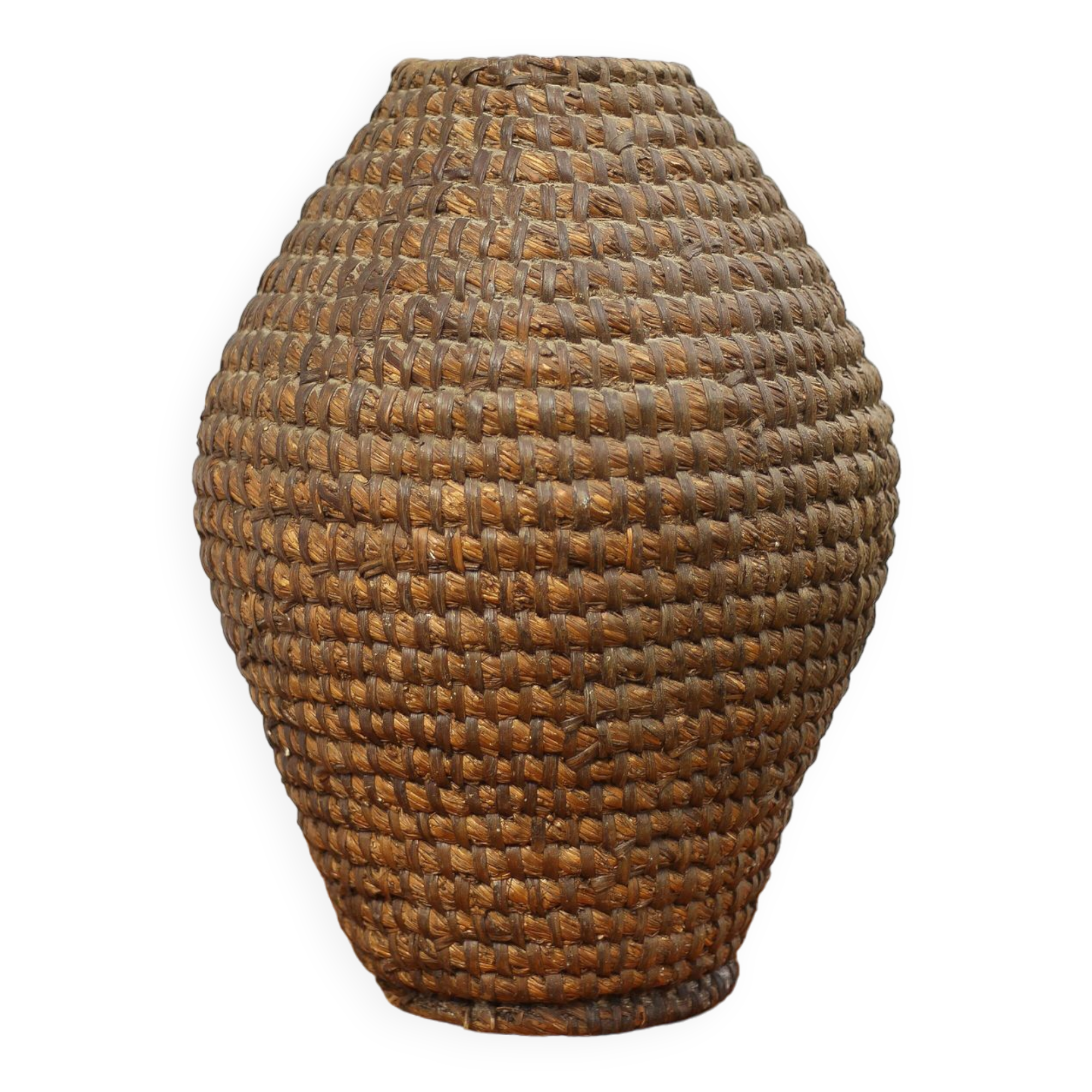 Old basket, burgundy straw and bramble, woven basket, interior decoration