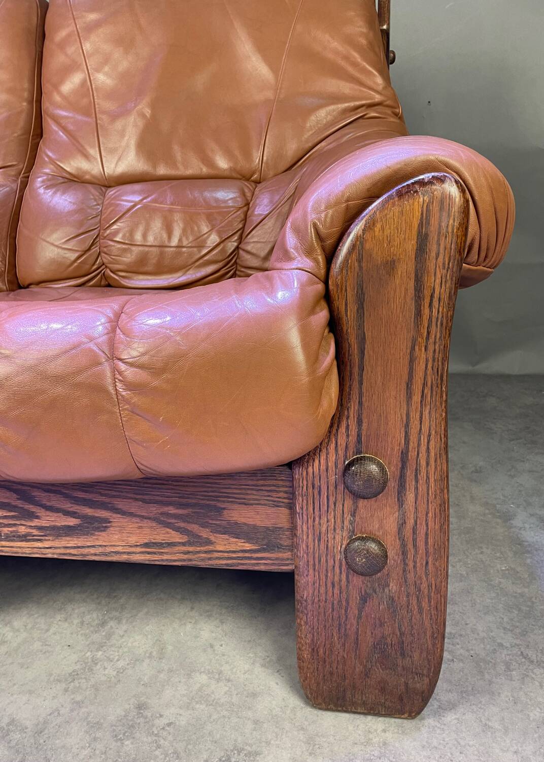 Brutalist style wood and leather sofa