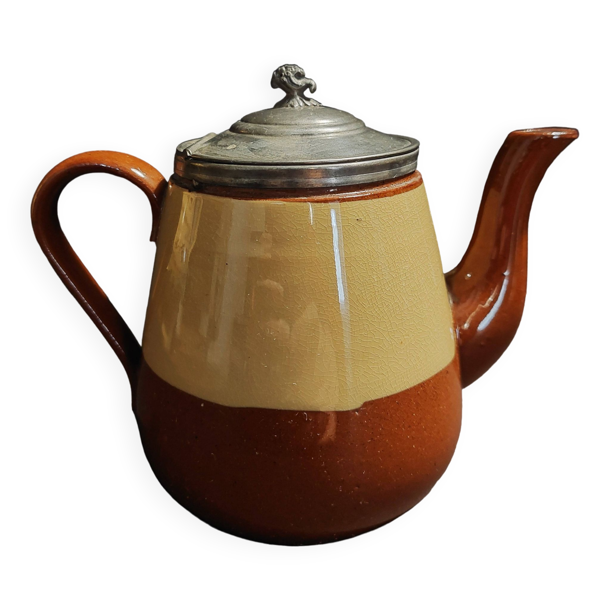 Beige and brown earthenware teapot with pewter lid, early 20th century