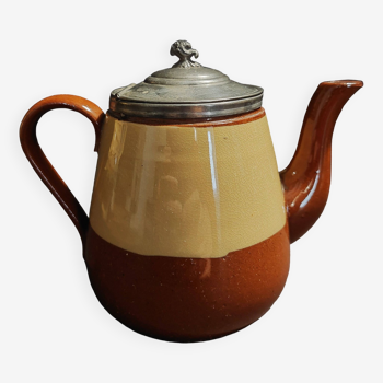 Beige and brown earthenware teapot with pewter lid, early 20th century