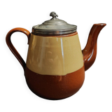 Beige and brown earthenware teapot with pewter lid, early 20th century