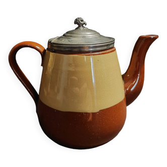 Beige and brown earthenware teapot with pewter lid, early 20th century