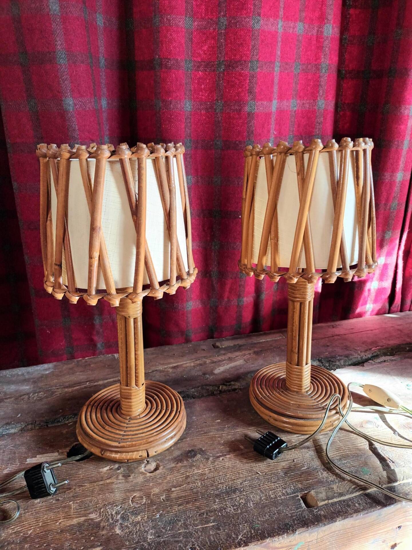 Pair of vintage Louis Sognot lamps in rattan and bamboo from the 60s/70s.
