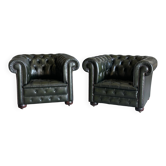 Title: Pair of vintage olive green leather Chesterfield armchairs