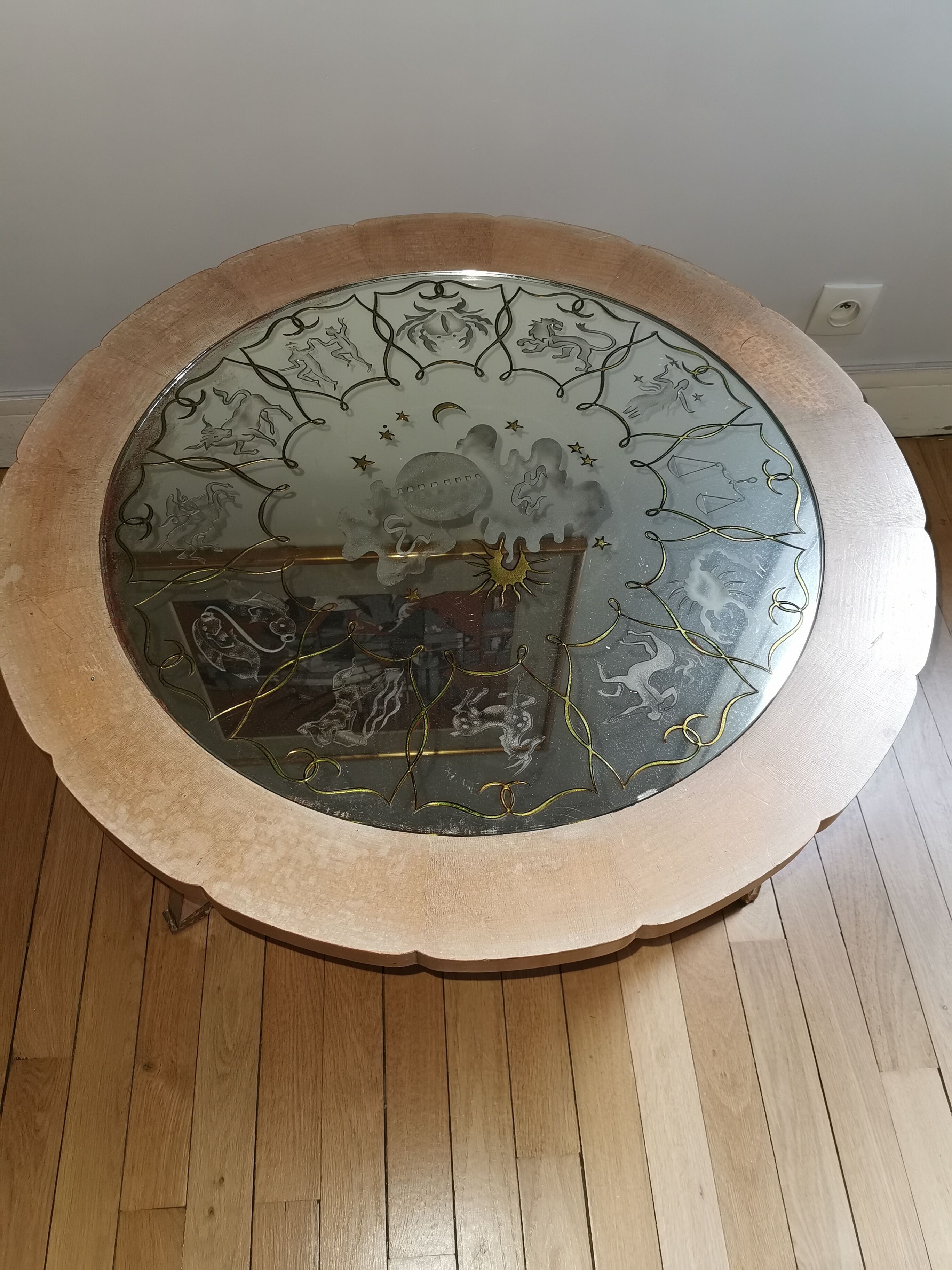 Coffee table 1940- iced glass- zodiac signs