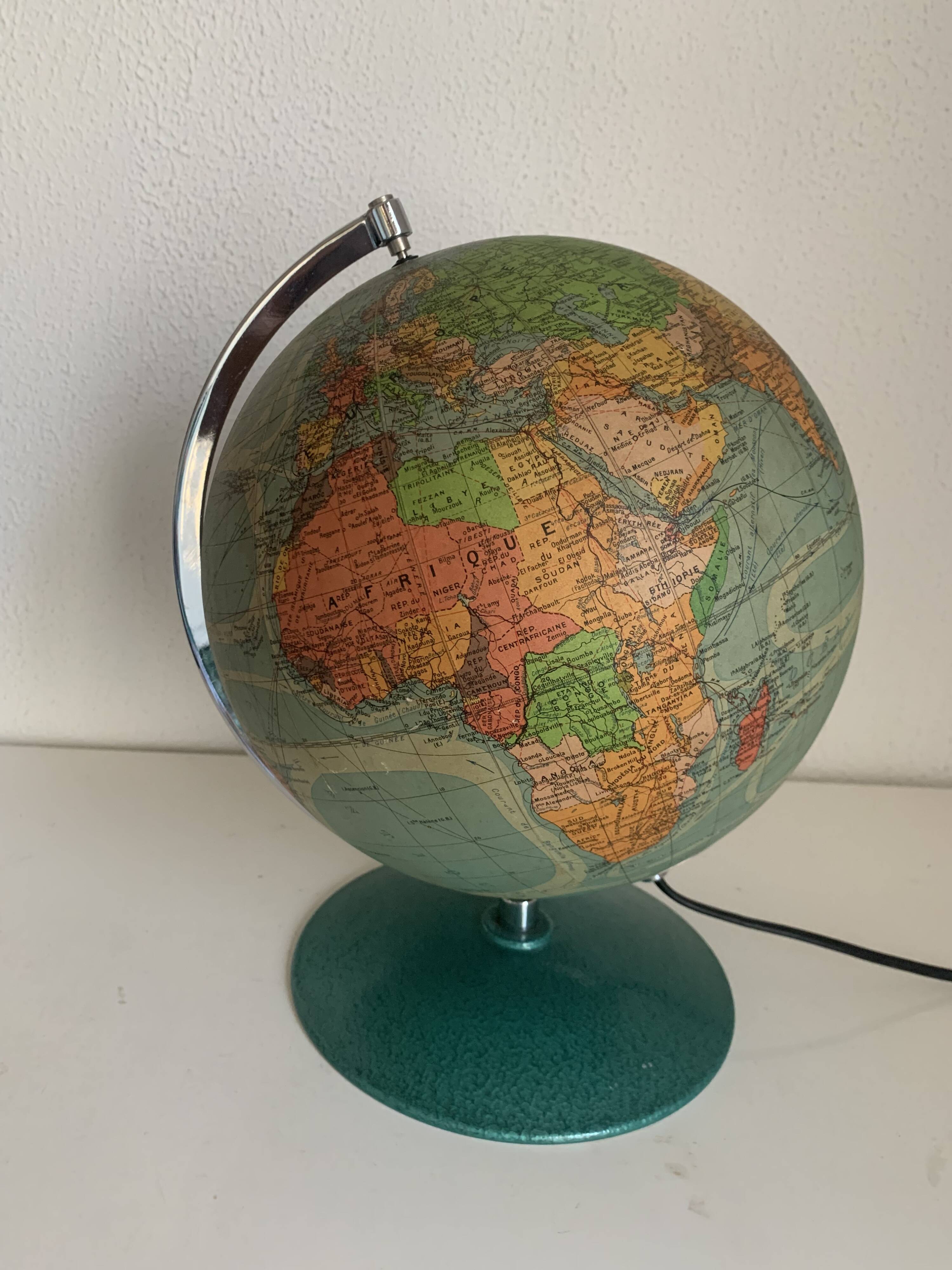 Globe vintage 1960 terrestre verre Perrina laqué vert mappemonde - 33 cm