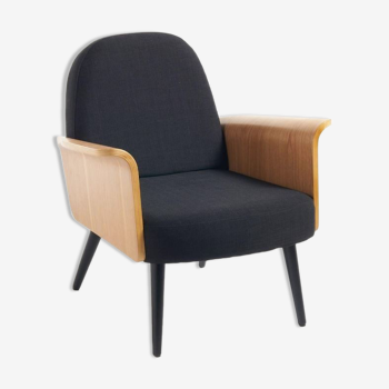 Fauteuil français design du milieu du siècle en tissu noir et en bois