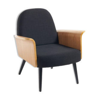 French design and midcentury style black fabric and wood armchair