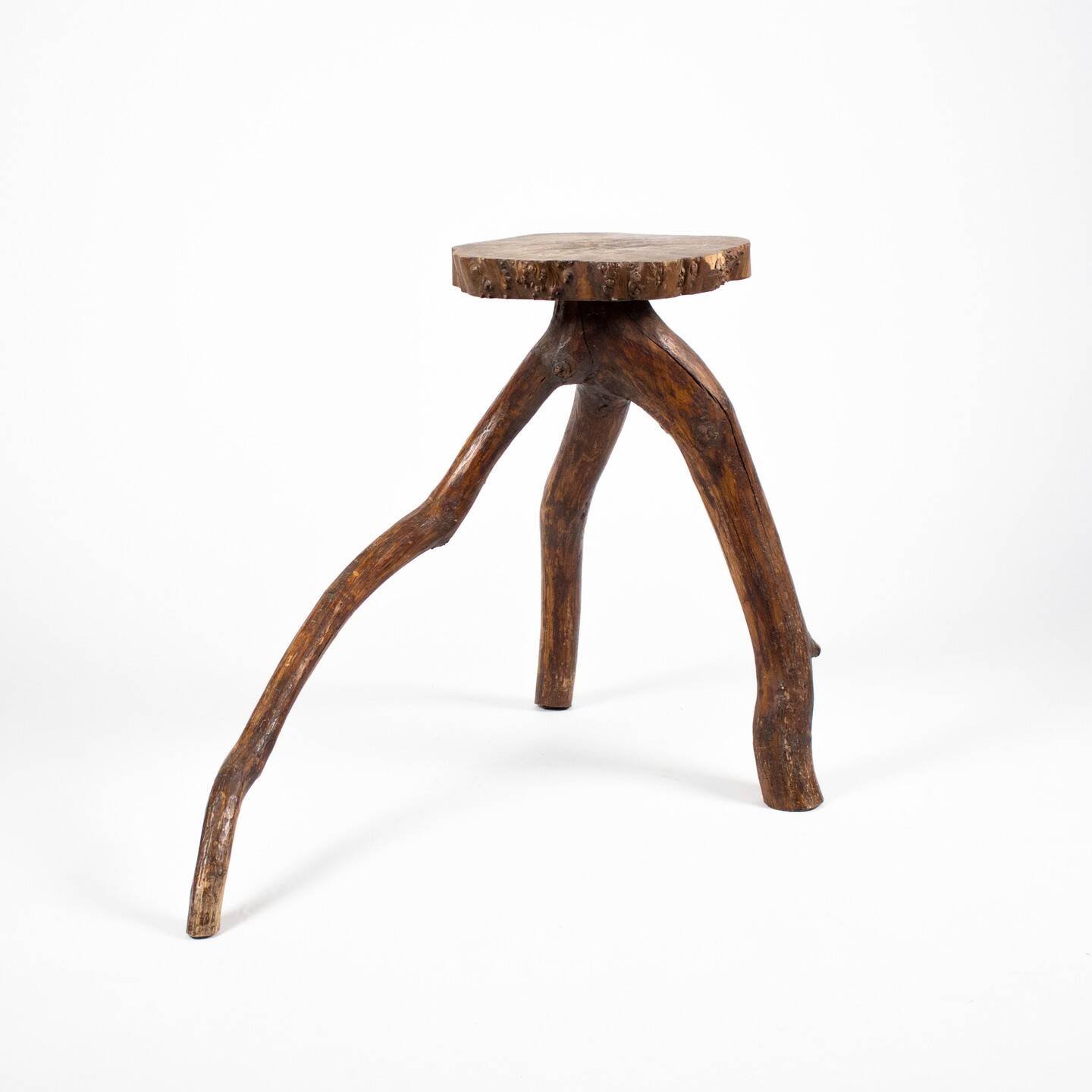 Large brutalist stool in solid antique wood