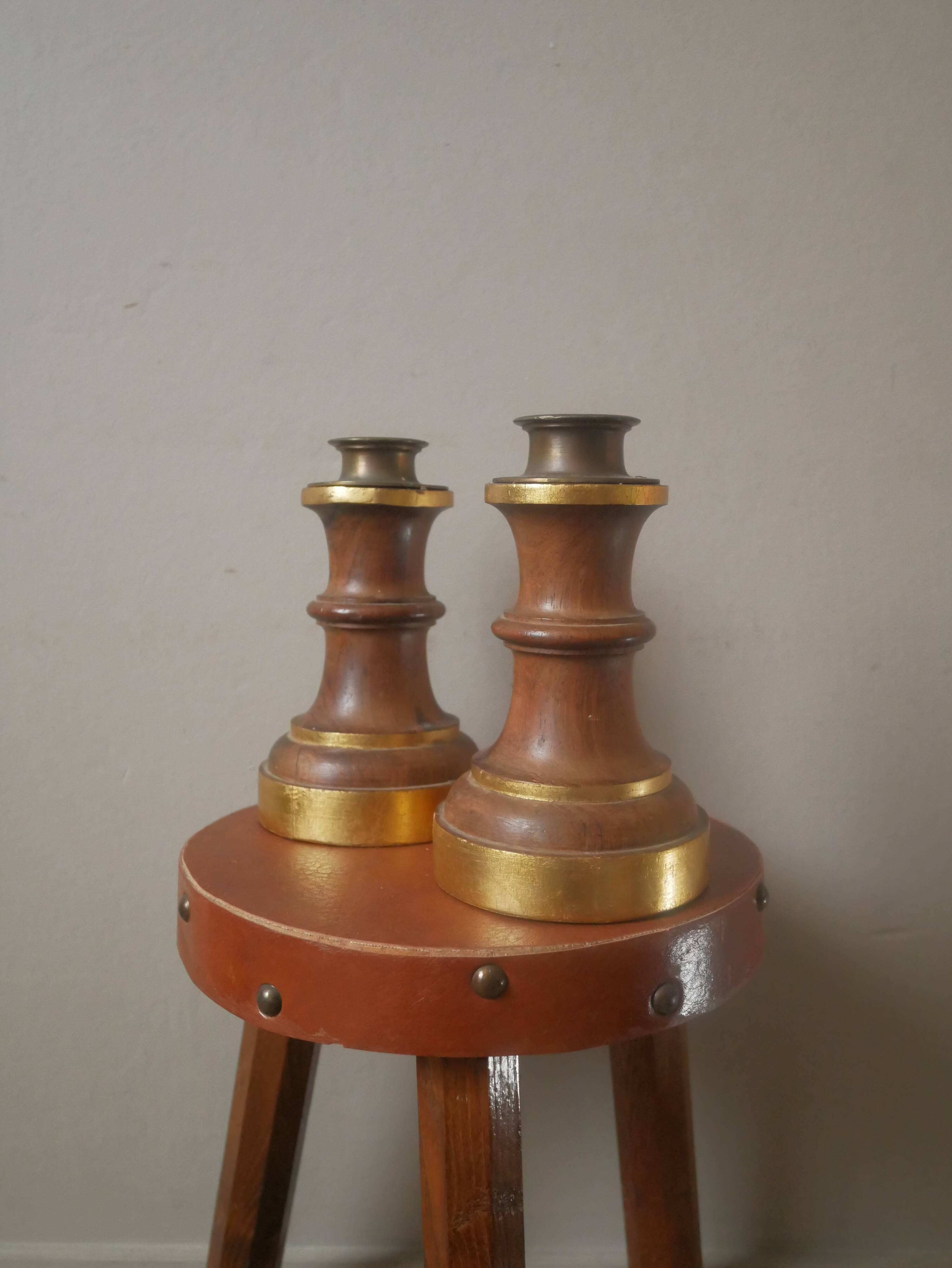 Pair of candlesticks candlesticks wood metal golden brass country decoration handcrafted