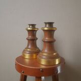 Pair of candlesticks candlesticks wood metal golden brass country decoration handcrafted