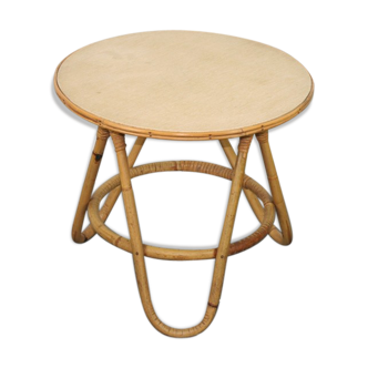 Table basse ronde tripode rotin vintage