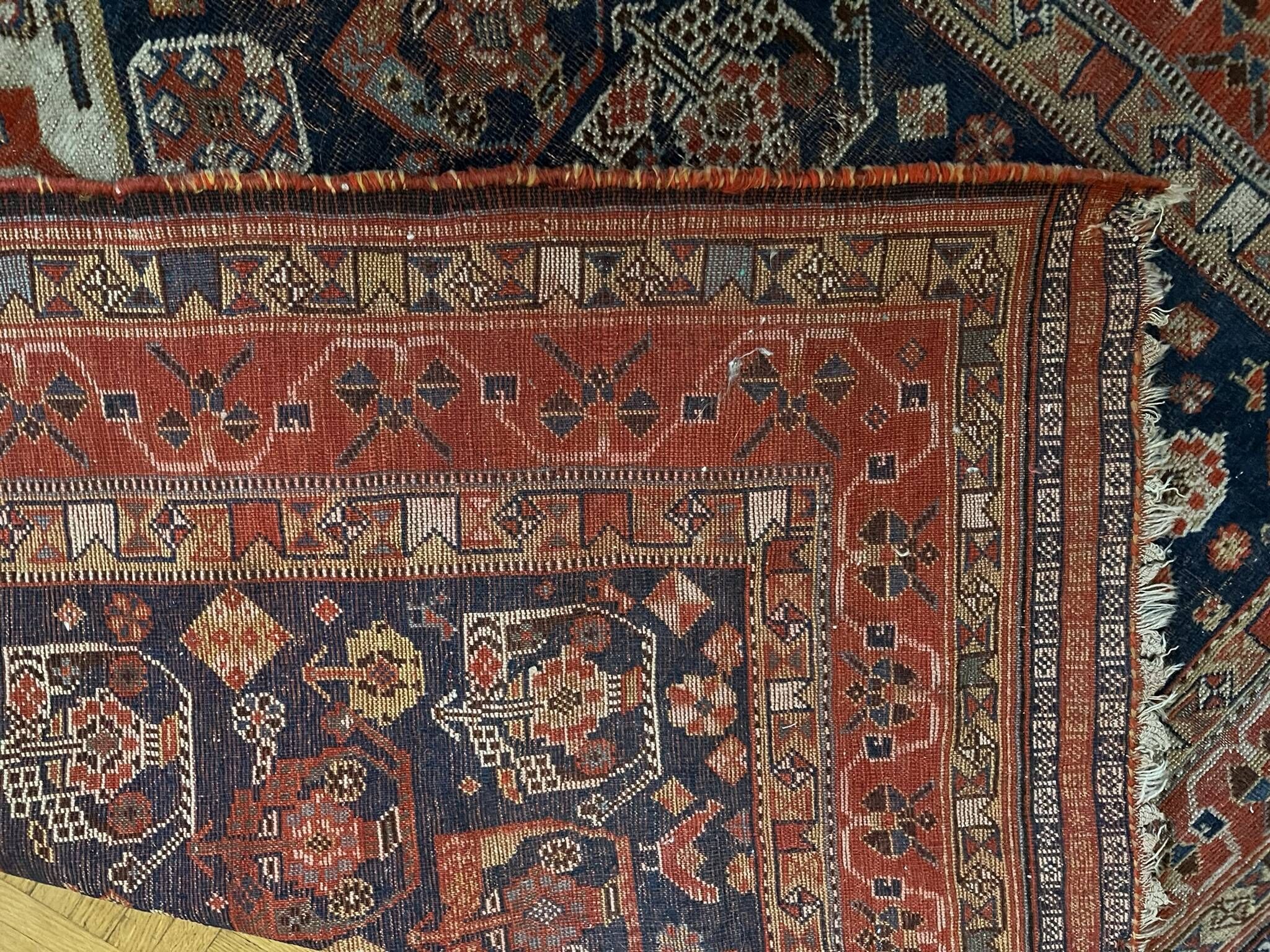Antique handmade Persian Qashqai nomadic rug – blue background 94x112cm