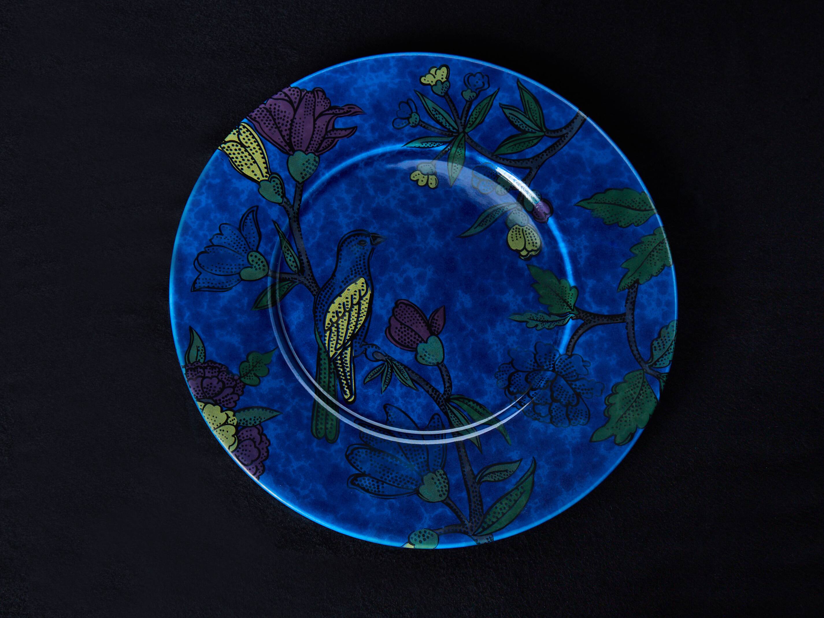 Grand plat décoratif bleu "Oiseaux" – signé Molin