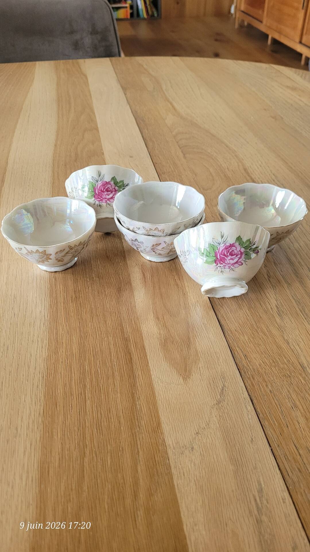6 antique coffee cups in pearlescent porcelain