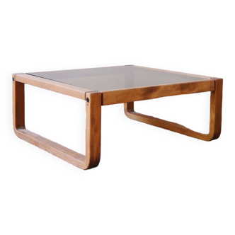 Table basse carré bois et verre fumé