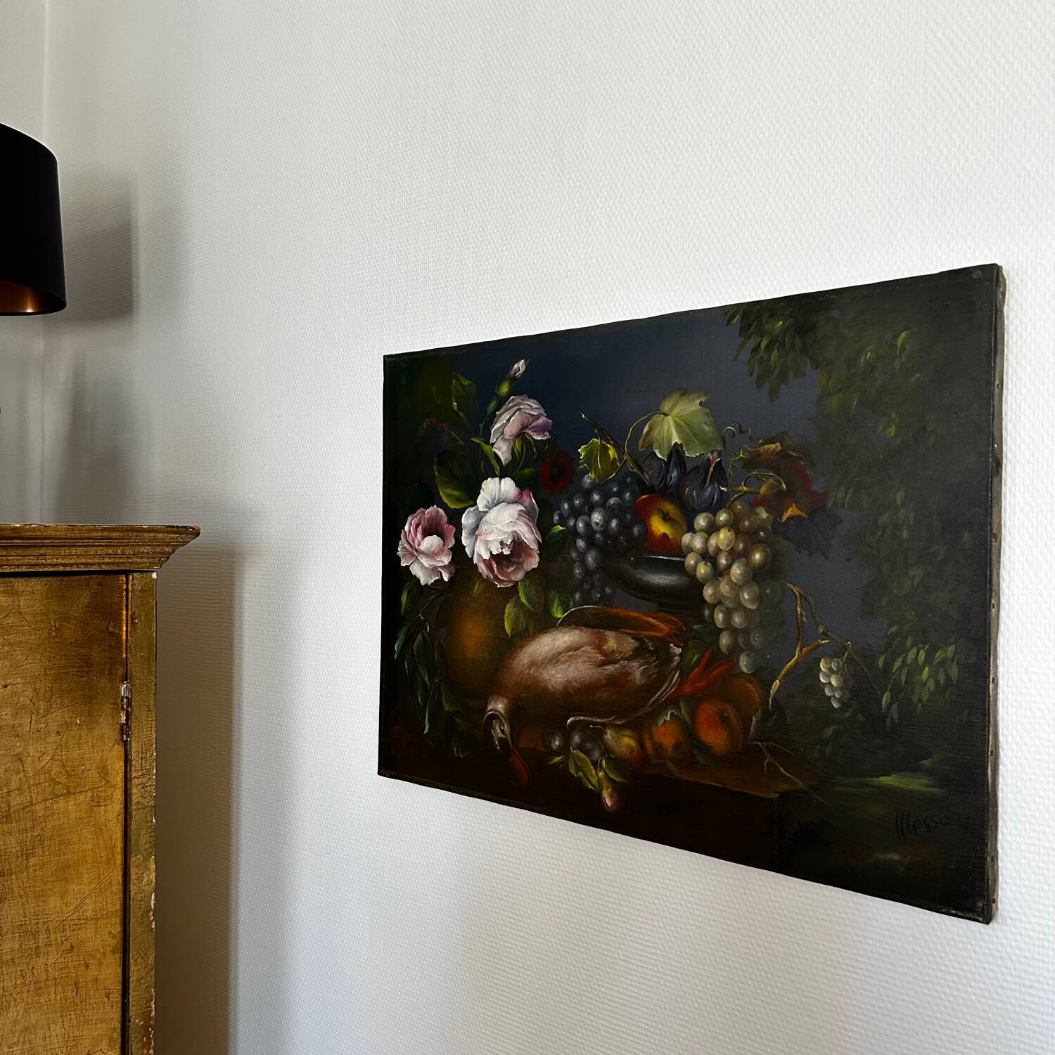 Painting, still life roses, grapes and game